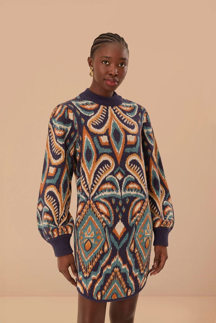 Farm Rio Pineapple Ikat Knit Sweater Mini Dress Blue Wool Blend Size Medium